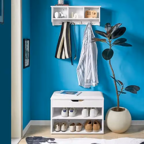 SoBuy Wall Mounted Coat Rack with 3 Cubby Shelves and 4 Hooks, White, W60 x D15 x H23 cm – 3