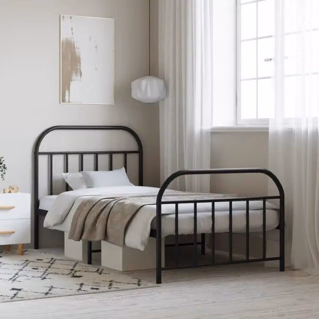 Berkfield Home Metal Bed Frame with Headboard and Footboard in Black, W: 107 cm, L: 203 cm