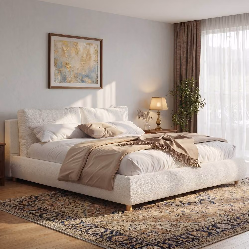 Rolipo Double Ottoman Storage Bed Frame in Warm White Boucle Fabric, W/D/H: 150 x 200 cm – 2