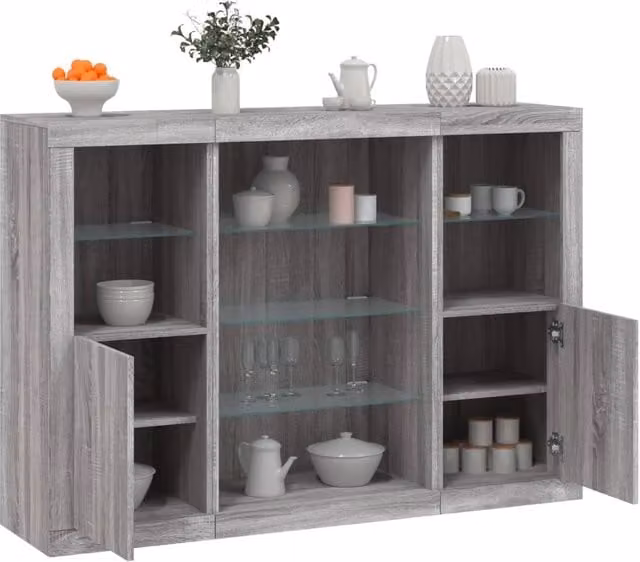 Berkfield Home Set of 3 Modern Grey Sonoma Sideboards with Integrated LED Lighting and Matt MDF Finish – 1