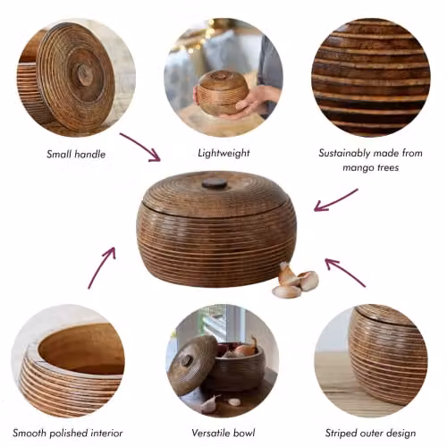 Paper High Makula Hand Carved Mango Wood Bowl with Lid, Brown, Medium – 2