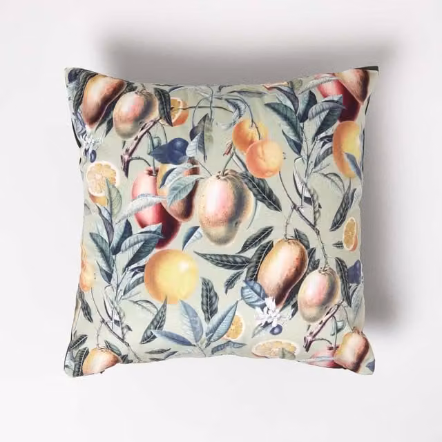 Homescapes Floral Velvet Square Cushion, Green and Multicolour, W/D/H: 46 x 46 x 46 cm