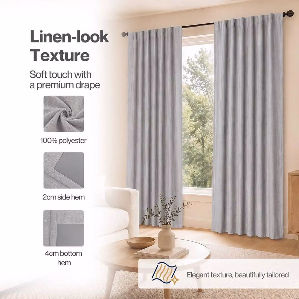 VOGREX Grey Linen Look Thermal Blackout Curtains, Pair – 4