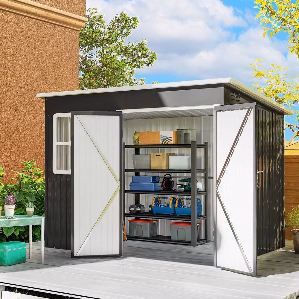 Rolipo Galvanised Steel Pent Shed with Foundation Kit and Window, Dark Grey, W/D/H: 260 x 190 x 177 cm – 3