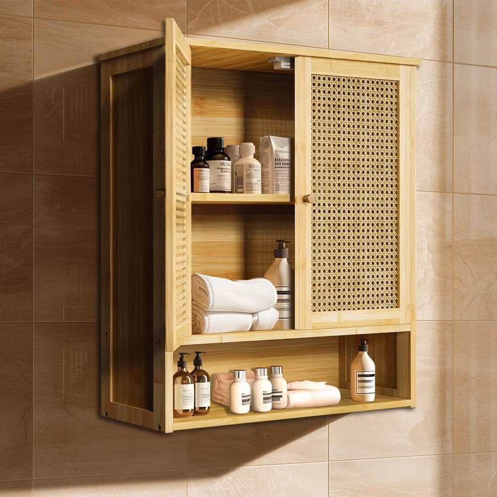 SPETLEK Brown Boho Rattan Bathroom Medicine Cabinet with Hinged Doors and Internal Shelves, H 66.5 x W 59.0 cm – 3