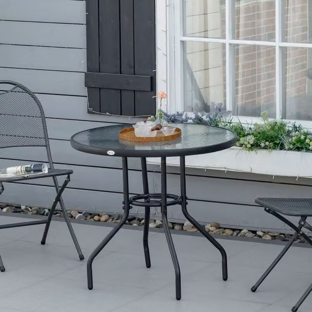 OUTSUNNY Round Outdoor Dining Table with Tempered Glass Top and Parasol Hole, Black, Diameter: 80 cm – 1