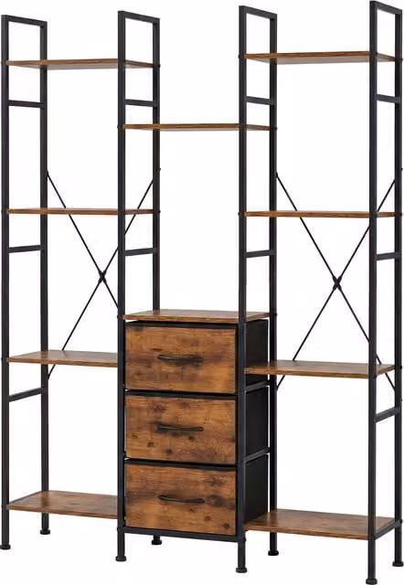 Levede Brown Tall Storage Unit with 3 Fabric Drawers and Book Shelves