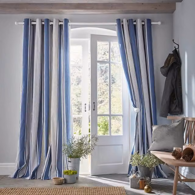 Laura Ashley Tiverton Ready Made Eyelet Curtains in Blue Striped Cotton