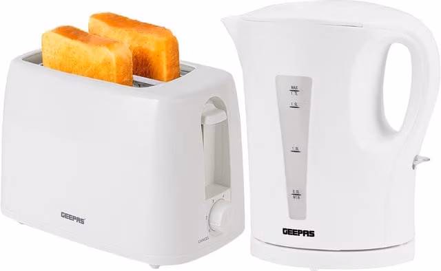 Geepas Kettle and 2 Slice Small Slot Toaster Set, White
