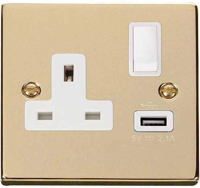 SE HOME Polished Brass 1 Gang 13A DP 1 USB Switched Surface Socket in White and Gold