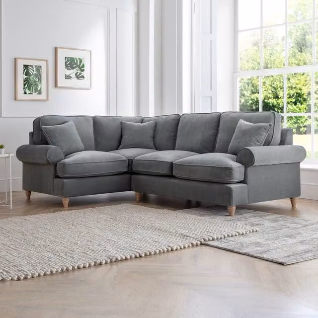 The Great Sofa Company Ezra Left Hand Velvet Corner Sofa in Charcoal Grey with Scroll Arms