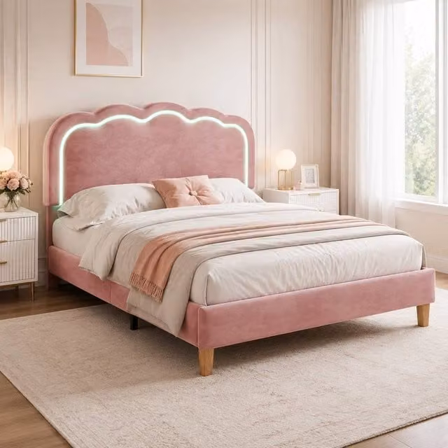 STILVORA Pink Velvet Upholstered Single Bed Frame with LED Headboard W/D/H: 90 x 200 x 104 cm – 1