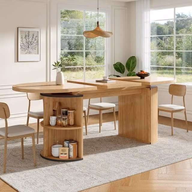 Rolipo Extendable Oval Dining Table with Hidden Storage in Natural Brown, W/D/H: 160 x 60 x 40 cm