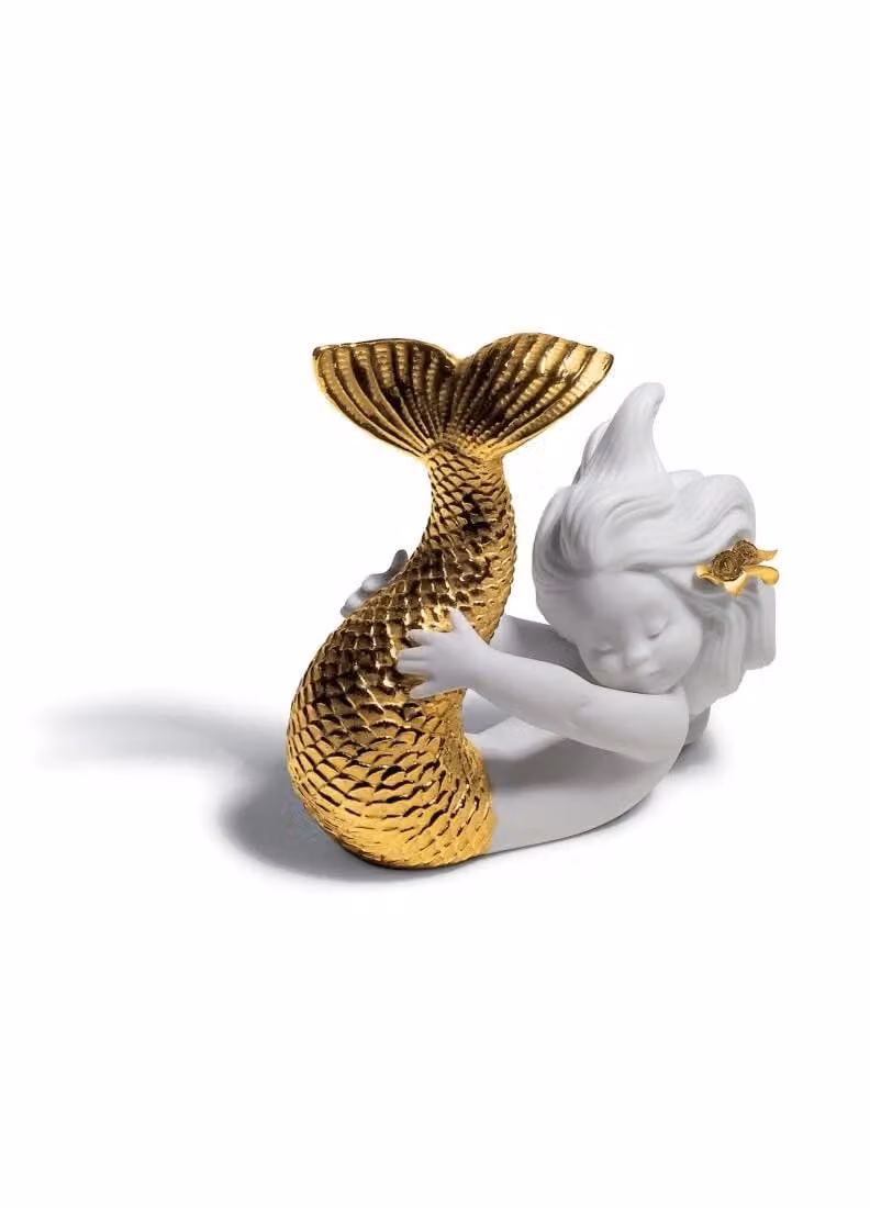 Lladró Playing at Sea Mermaid Porcelain Figurine in Gold and White