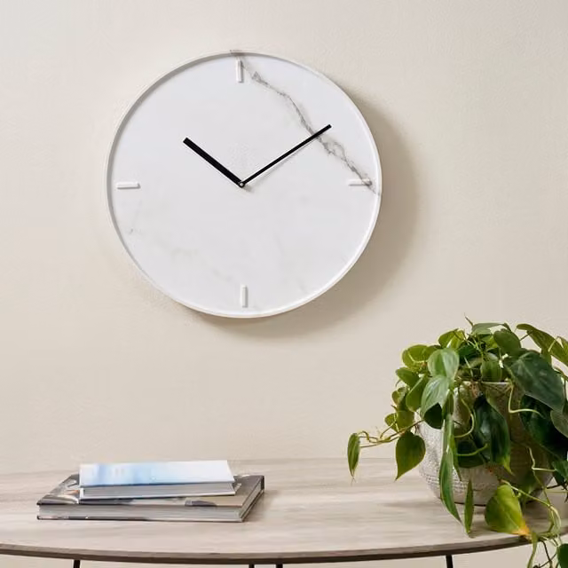 Pacific Lifestyle Minimalist White Marble Effect Round Wall Clock, Diameter: 40 cm