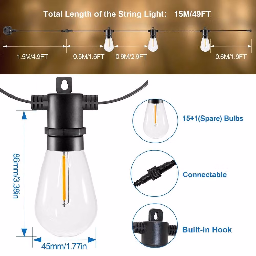 VOGREX 15m Outdoor Festoon String Lights with 15 Warm White LED Bulbs in Clear Transparent Plastic – 2