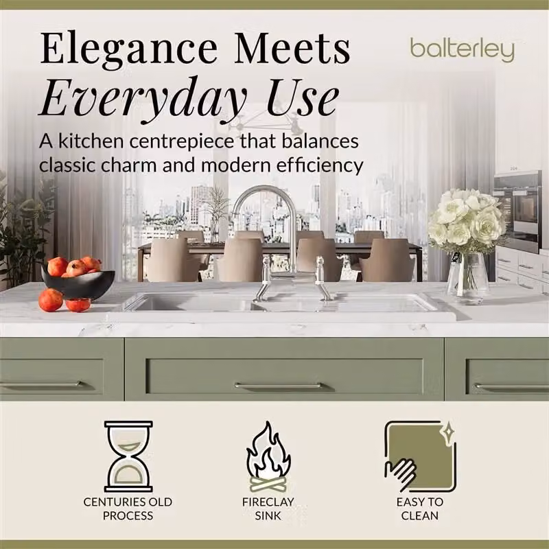 Balterley White Matt Ceramic 1.5 Bowl Kitchen Sink with Drainer, Waste and Tap, W: 1010 mm – 2
