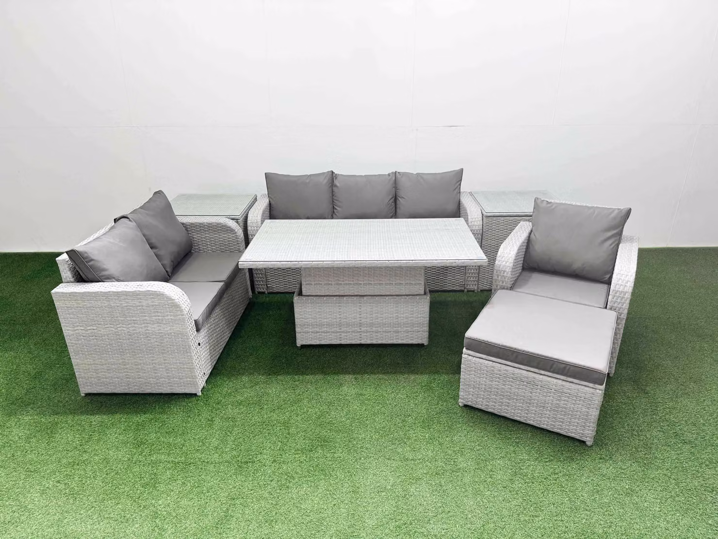 Fimous Patio 7 Seater Grey Rattan Outdoor Furniture Set with Adjustable Coffee Table, 2 Seater Sofa and Reclining Chairs – 2
