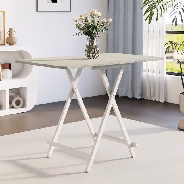 Komore White Minimalist Folding Dining Table with Wood Grain MDF Laminate Finish