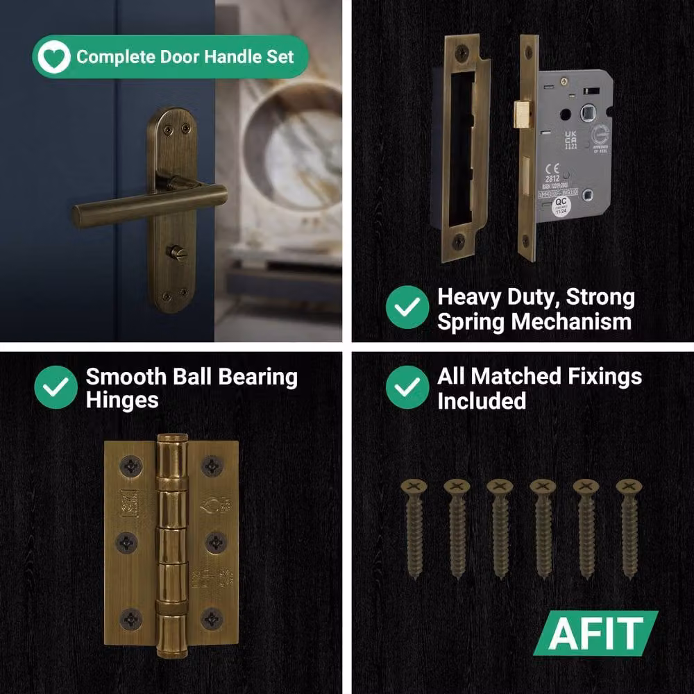 AFIT T-Bar Antique Brass Bathroom Backplate Lock and 80mm Hinges Set in Bronze – 4