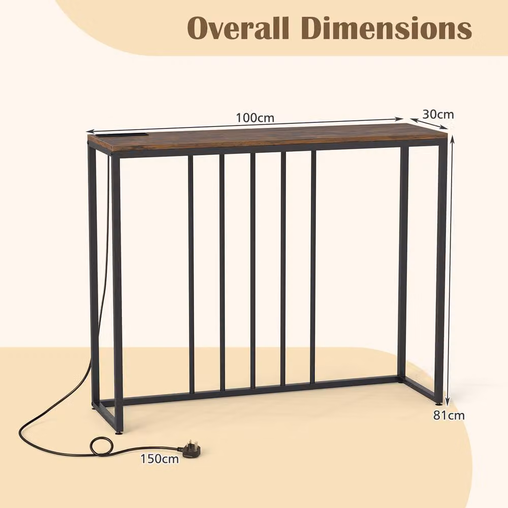 Gymax Brown Narrow Hallway Console Table with Charging Station, Width: 100 cm – 4