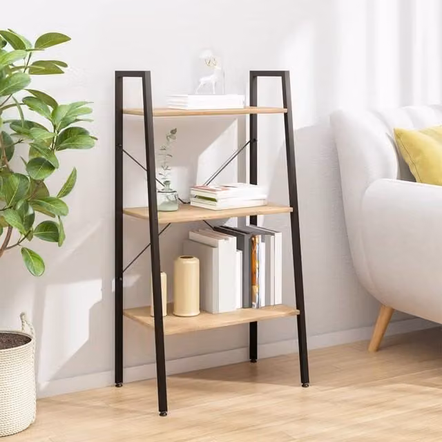 Berkfield Home 3-Tier Standing Shelf in Light Brown and Black, W/D/H: 56 x 35 x 108 cm