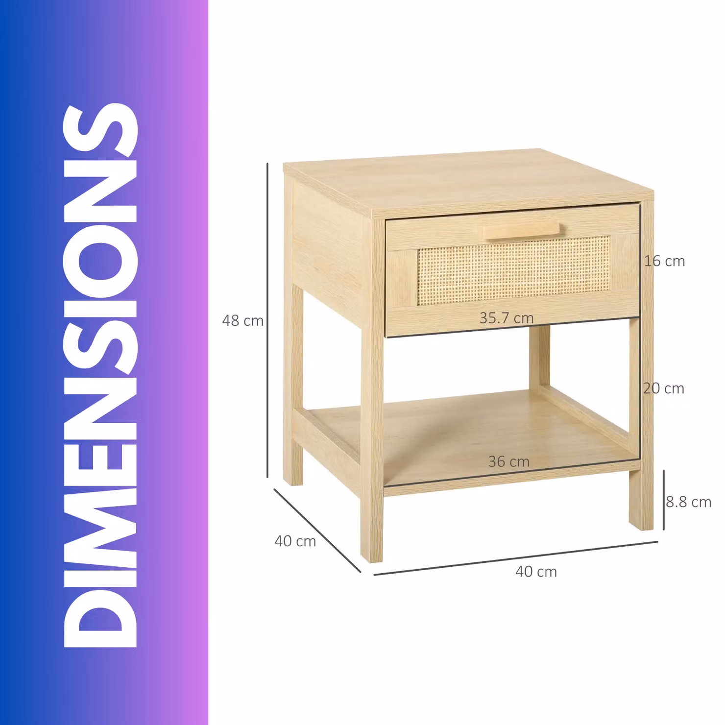 Rafaelo Mobilia Rattan Bedside Table with Drawer and Shelf in Brown and Beige, W: 40 cm, D: 40 cm, H: 48 cm – 5