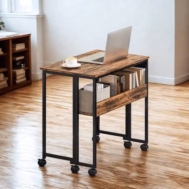FURNOS Industrial Drop Leaf Extendable Computer Writing Desk with Wheels, Brown – 1