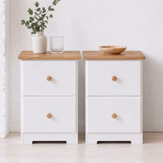 Core Products Set of 2 Colorado 2 Drawer Petite Bedside Cabinets, White Oak Effect - White