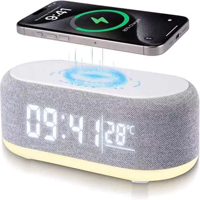 NESTLUNE 15W Wireless Charger Station Alarm Clock with Thermometer, White, W: 15 cm, D: 15 cm, H: 15 cm