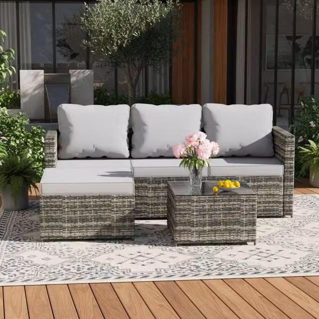 BIRCHTREE 5 Piece Modern Grey Rattan Garden Furniture Set with Glass Top