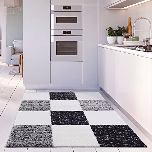 THE RUGS Grey Checked Modern High Pile Shaggy Area Rug, W: 140 cm, L: 200 cm – 3