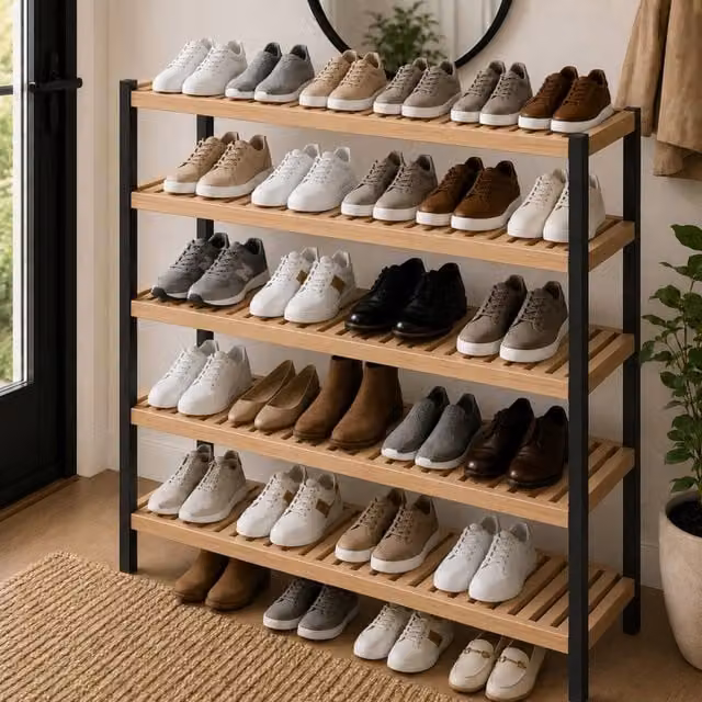 Keplin 5-Tier Bamboo Shoe Rack, Natural Wood Organiser, W/D/H: 95 x 70 x 24.5 cm – 1