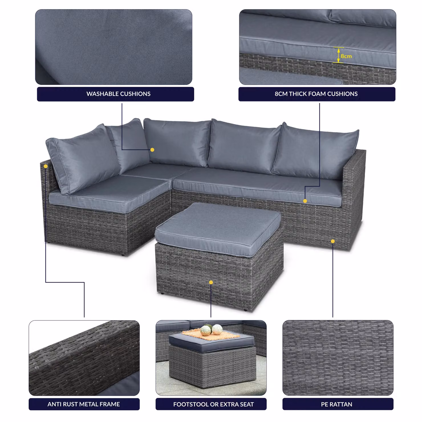 Bravich LTD 6 Seater Grey Rattan Corner Sofa and Footstool Garden Furniture Set – 3