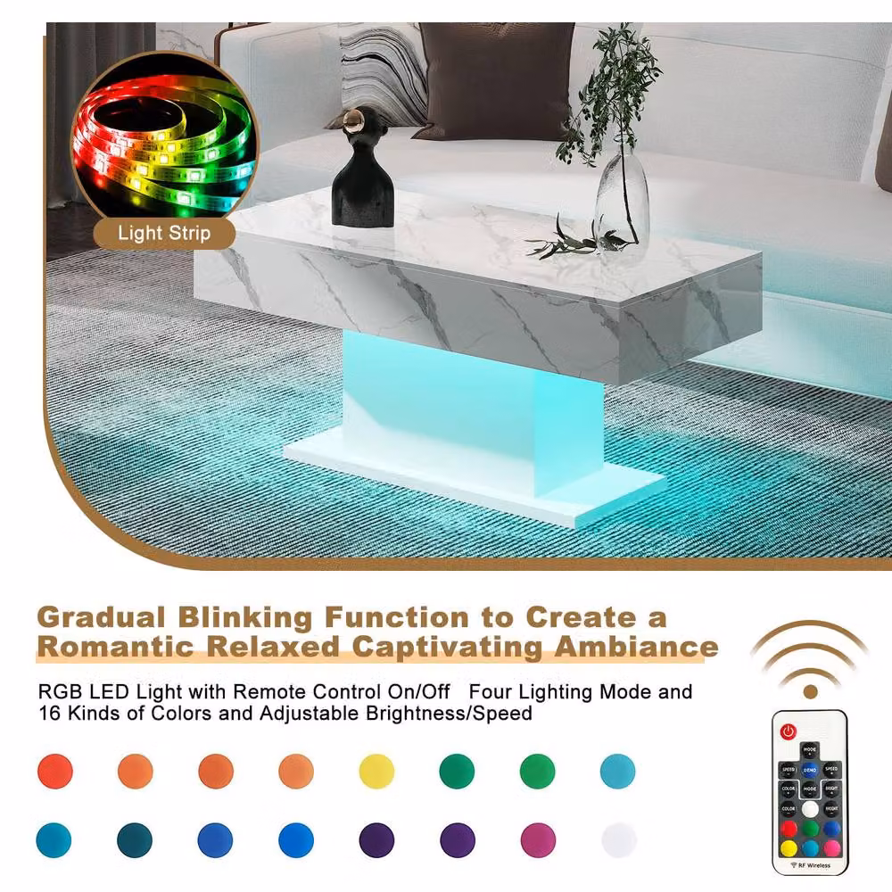 KEEPREAPER Rectangular LED Coffee Table with 16 Colours in White Marble Glossy Finish – 4