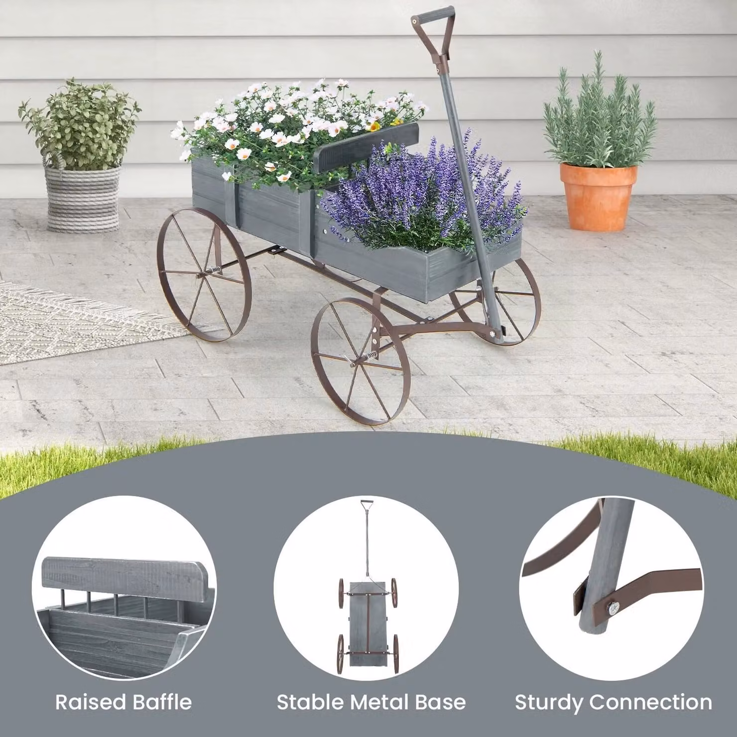 Gymax Wood Wagon Flower Planter with Wheels in Grey, W/D/H: 62 x 34 x 60 cm – 9