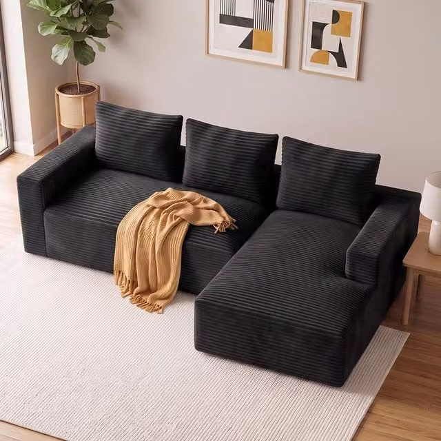 Gartistgo L-Shaped Corduroy Modular Sofa with Reversible Chaise in Black
