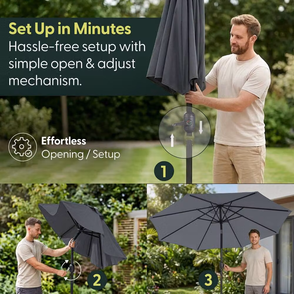KEPLIN 2m Tilting Parasol Umbrella in Grey with UPF 50+ Polyester Canopy and Steel Frame – 7