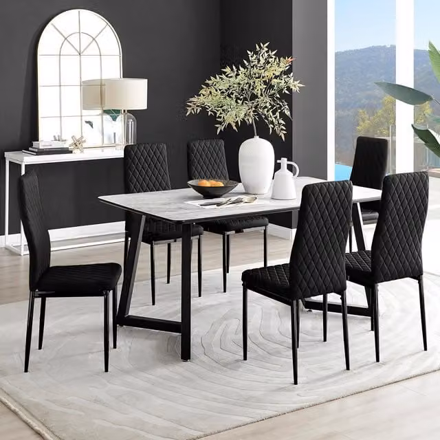 FurnitureboxUK Carson White Marble Effect Dining Table and 6 Black Velvet Milan Chairs – 1