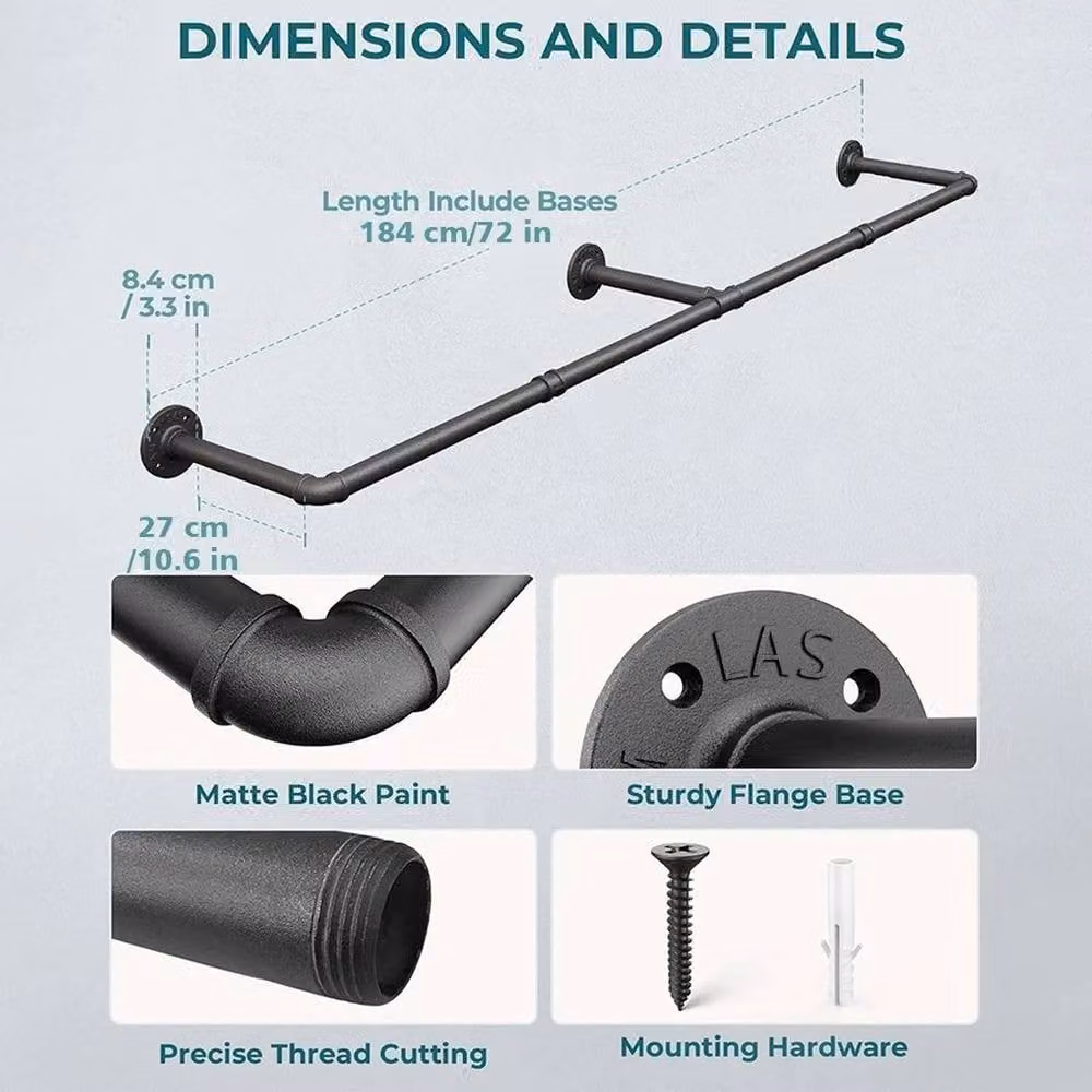 Kelvenix Retro Metal Wall Mounted Detachable Clothing Rail in Black – 2