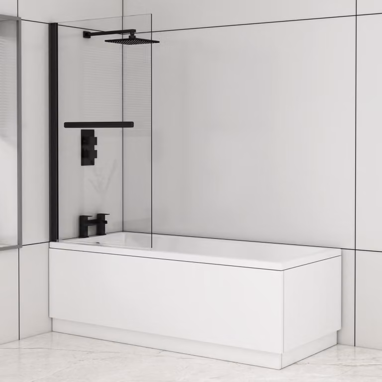 Royal Bathrooms Cesar Square Single Ended Acrylic Shower Bath in White with Black Wall Profile Screen and Rail, W/D/H: 180 x 80 x 44 cm