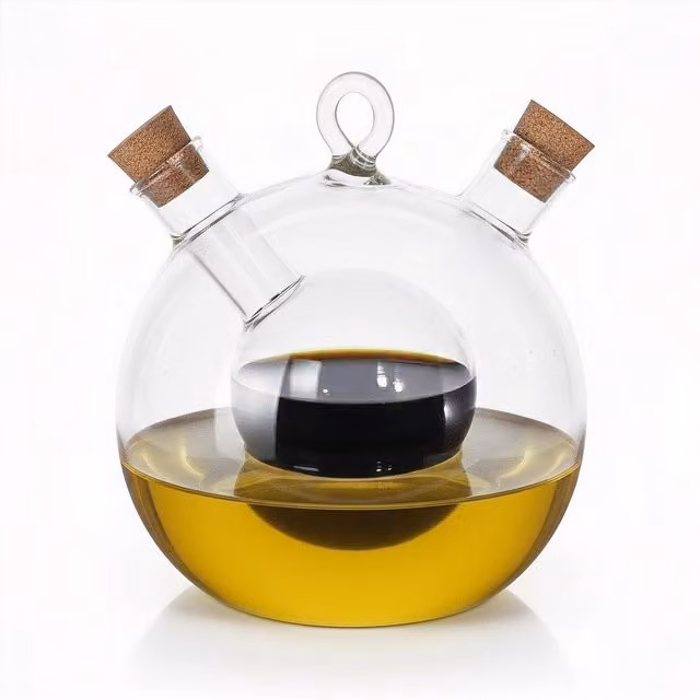 Geezy Dual Compartment Glass Oil and Vinegar Dispenser Bottle with Cork Lid, Transparent