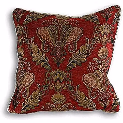Riva Paoletti Shiraz Square Filled Cushion in Red Embroidered Damask Jacquard with Gold Piped Edges, W/D/H: 45 x 45 x 45 cm