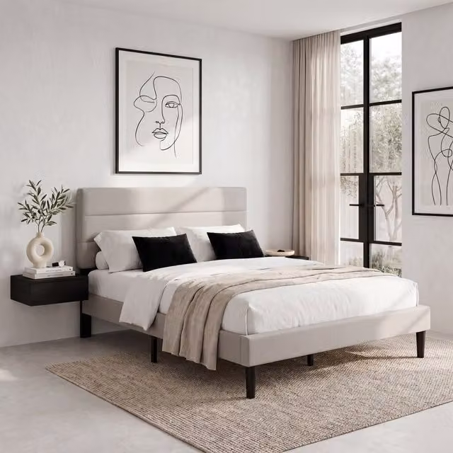 Vida Designs Modern Upholstered King Size Bed in Beige