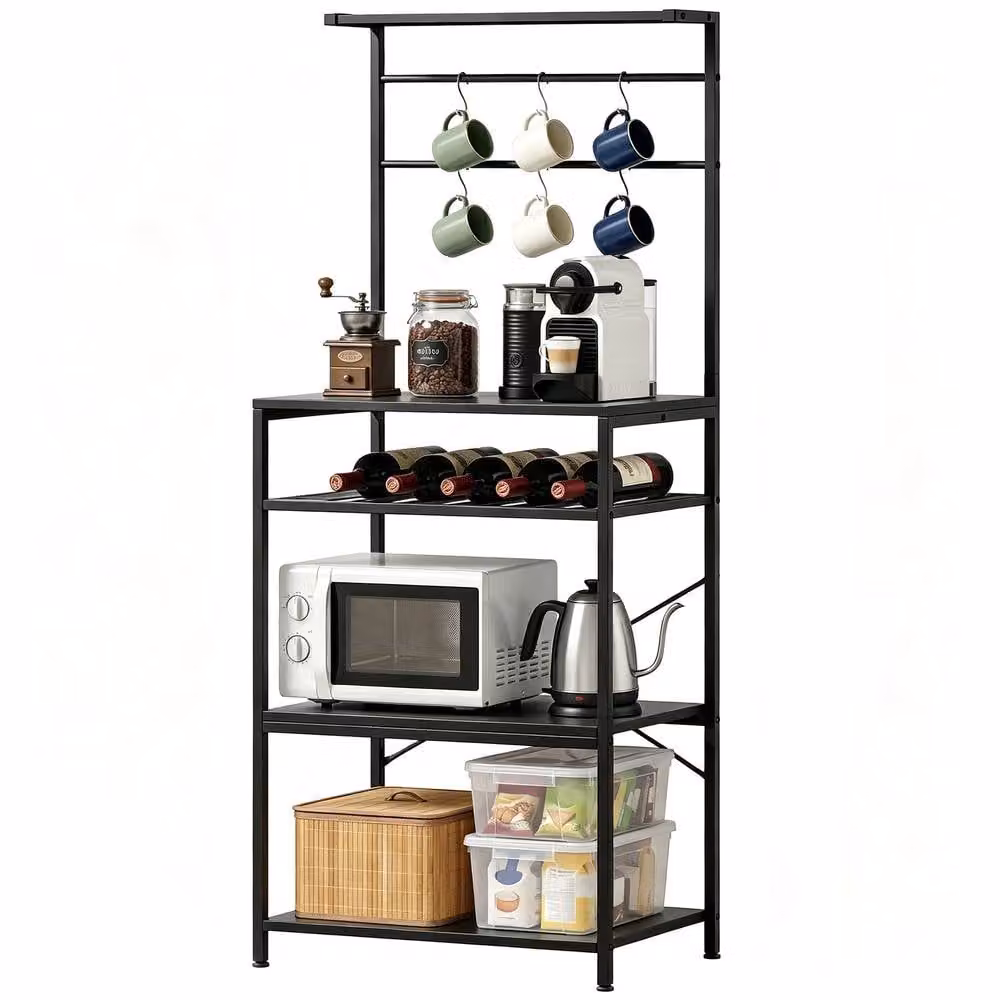 STILVORA Black Metal Storage Shelf with Wine Rack and 6 Hooks – 5