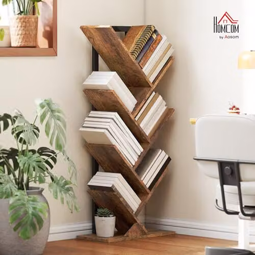 HOMCOM 7-Tier Tree Bookshelf with Industrial Steel Frame in Brown – 2