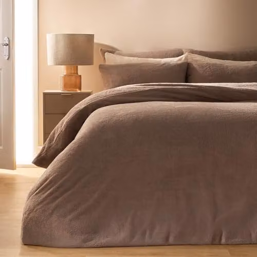 OHS Thermal Soft Teddy Fleece Duvet Cover and Pillowcase Set, Brown, W/D/H: 200 x 200 cm – 1