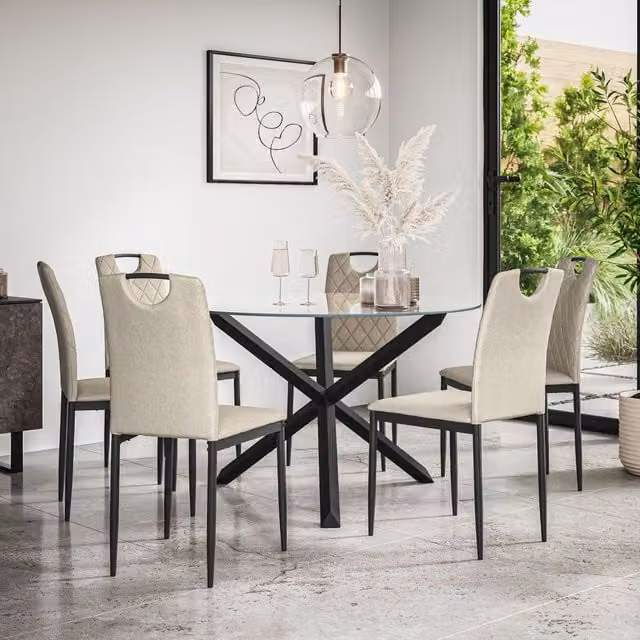 More4Homes Malvern Round Dining Table and 6 Monza Fabric Chairs Set, Clear Glass Top with Solid Oak Black Legs and Beige Chairs – 1