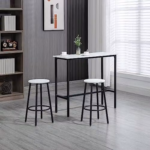 HOMCOM 3 Piece Modern Dining Table Set with 2 Stools, White – 2