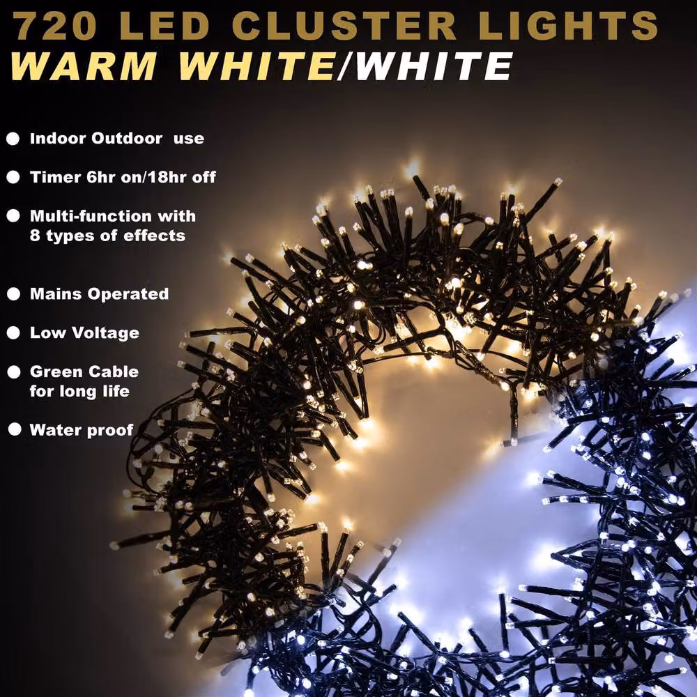 Shatchi 720 LED Christmas Tree Cluster Lights in White and Multicolour with 8 Light Modes – 3